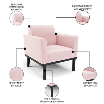 Sofá Namoradeira E 2 Poltronas Base Madeira Preto Maressa Suede Rosa Bebê - Ibiza