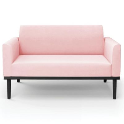 Sofá Namoradeira E 2 Poltronas Base Madeira Preto Maressa Suede Rosa Bebê - Ibiza