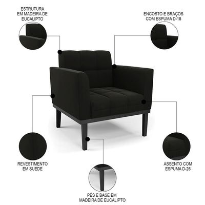 Poltrona Base Madeira Preto Kit 2 Ana Suede Preto - Ibiza