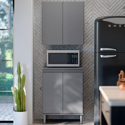 Armário De Cozinha Aéreo E Balcão Com Tampo Italy Cinza - Ej Móveis