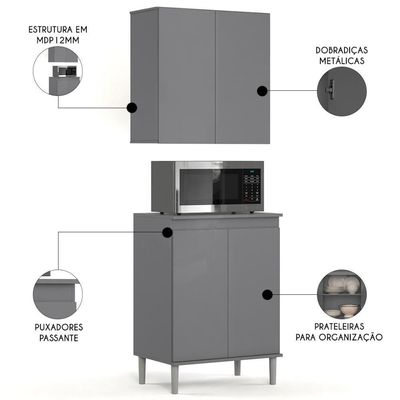 Armário De Cozinha Aéreo E Balcão Com Tampo Italy Cinza - Ej Móveis