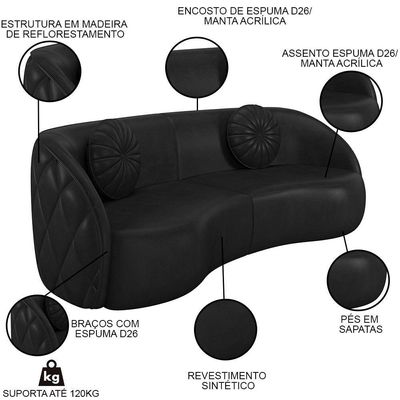Sofá Decorativo 3 Lugares 240cm Com Almofadas E Poltrona Zion M22 Sintético Preto - Mpozenato