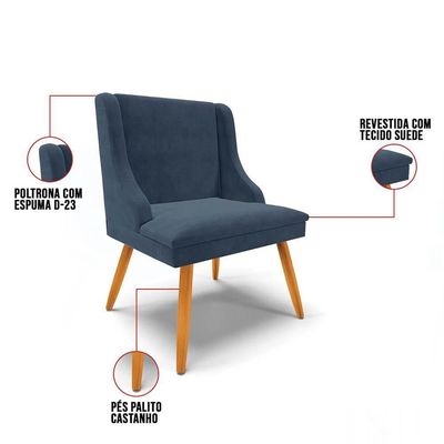 Kit 8 Cadeiras Estofadas Para Sala De Jantar Pés Palito Lia Suede Azul Marinho - Ibiza