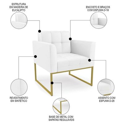 Sofá Namoradeira E 2 Poltronas Base Industrial Dourado Ana Sintético Branco - Ibiza