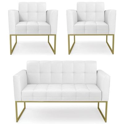 Sofá Namoradeira E 2 Poltronas Base Industrial Dourado Ana Sintético Branco - Ibiza