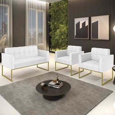 Sofá Namoradeira E 2 Poltronas Base Industrial Dourado Ana Sintético Branco - Ibiza