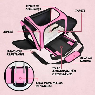 Bolsa de Viagem Rosa Para Transporte Pet Alças Ajustáveis