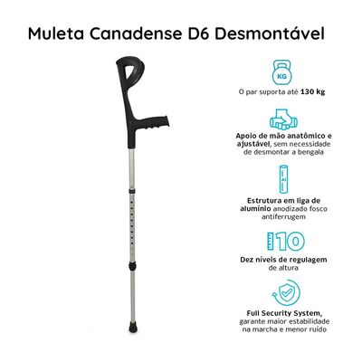 Muleta Canadense Regulável em Alumínio até 65 Kg D6 Dellamed (1 unidade) Preto