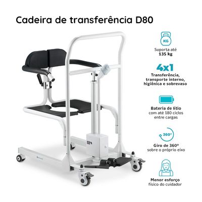 Cadeira de Transferência Multiuso com Elevação Eletrônica até 135 Kg Assento 48,5 cm D80 Dellamed Branco