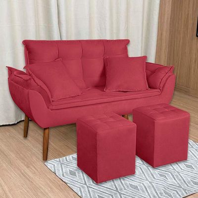 Kit Poltrona Decorativa Namoradeira 2 Puffs Quadrado E 2 Almofadas Suede Vermelho - Lm Decor
