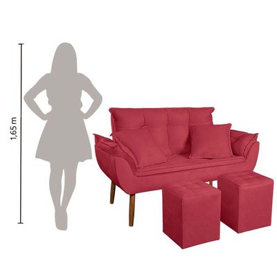 Kit Poltrona Decorativa Namoradeira 2 Puffs Quadrado E 2 Almofadas Suede Vermelho - Lm Decor