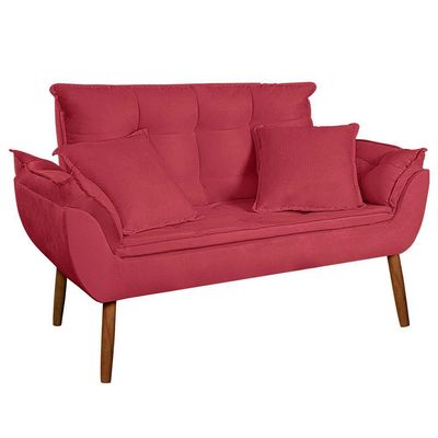 Kit Poltrona Decorativa Namoradeira 2 Puffs Quadrado E 2 Almofadas Suede Vermelho - Lm Decor