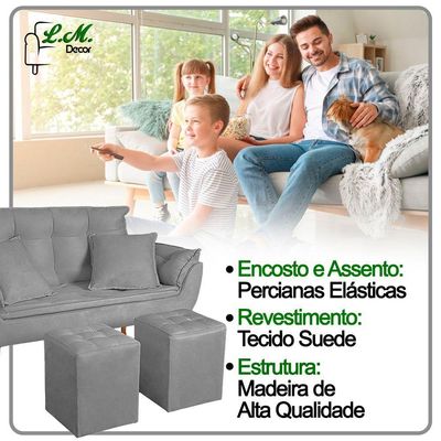 Kit Poltrona Decorativa Namoradeira 2 Puffs Quadrado E 2 Almofadas Suede Cinza Claro - Lm Decor