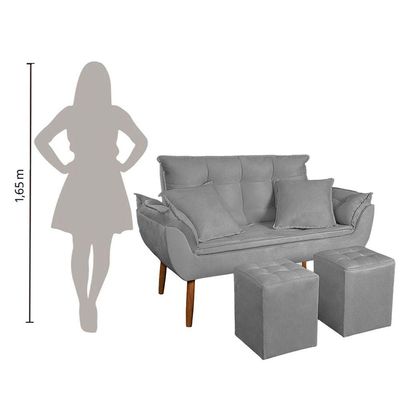 Kit Poltrona Decorativa Namoradeira 2 Puffs Quadrado E 2 Almofadas Suede Cinza Claro - Lm Decor