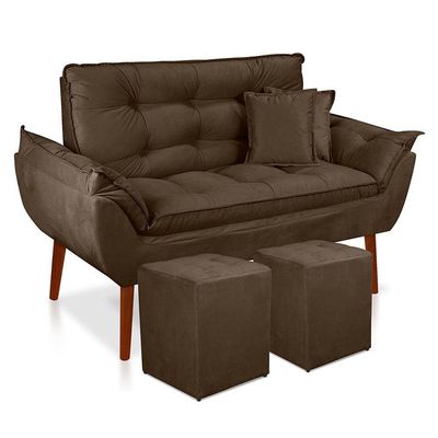 Kit Poltrona Decorativa Namoradeira 2 Puffs Quadrado E 2 Almofadas Suede - Lm Decor Marrom