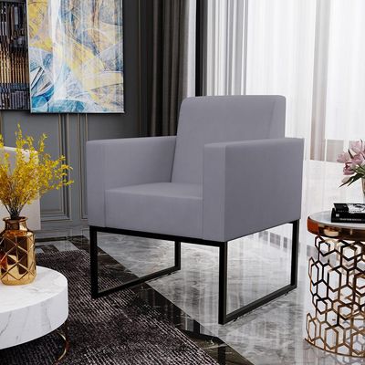Kit 04 Poltronas Decorativas para Sala Recepção Base Fixa De Metal Helô L02 Suede Cinza - Lyam Decor