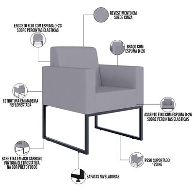 Kit 04 Poltronas Decorativas para Sala Recepção Base Fixa De Metal Helô L02 Suede Cinza - Lyam Decor