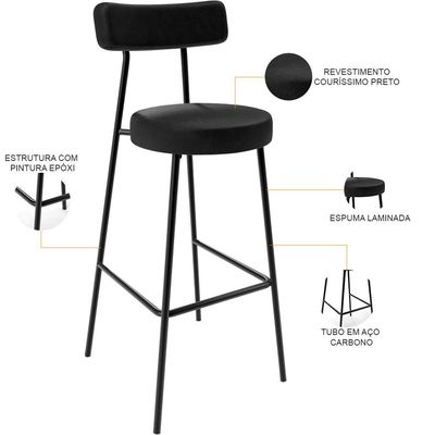 Banqueta Alta Cozinha Sala Jantar Estrutura Em Aço Milão F01 Couríssimo Preto - Lyam Decor