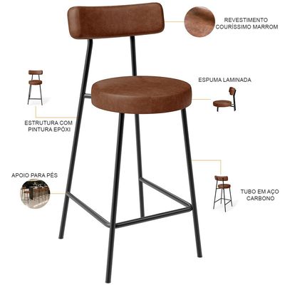 Kit 05 Banquetas Baixa Para Cozinha Sala De Jantar Bancada Milão L02 Couríssimo Marrom - Lyam Decor