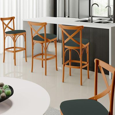 Kit 04 Banquetas Altas Cozinha Bancada Bar Sala Jantar Estofada Ávila L02 Suede Verde Musgo - Lyam