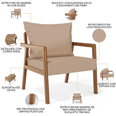 Kit 02 Poltronas Decorativa Para Sala de Estar Alícia B04 Linho Bege Escuro - Lyam Decor