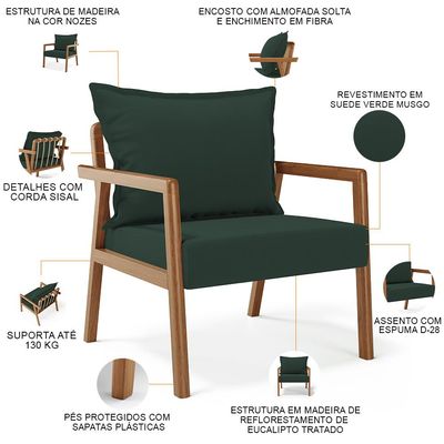Kit 02 Poltronas Decorativa Para Sala de Estar Alícia B04 Suede Verde Musgo - Lyam Decor