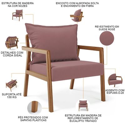 Kit 02 Poltronas Decorativa Para Sala de Estar Alícia B04 Suede Rosê - Lyam Decor