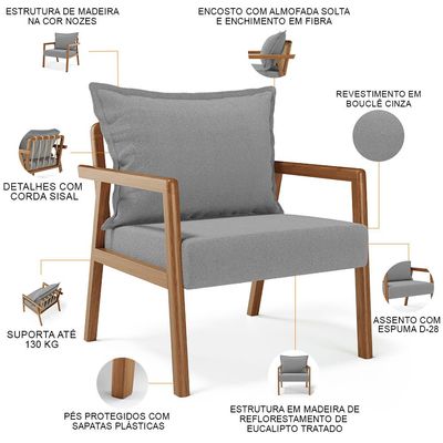 Kit 02 Poltronas Decorativa Para Sala de Estar Alícia B04 Bouclê Cinza - Lyam Decor