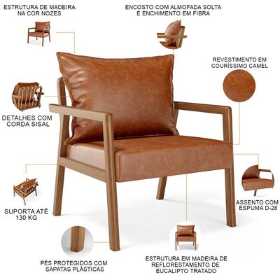 Kit 02 Poltronas Decorativa Para Sala de Estar Alícia B04 Couríssimo Camel - Lyam Decor