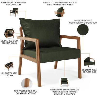 Kit 02 Poltronas Decorativa Para Sala de Estar Alícia B04 Couríssimo Verde Musgo - Lyam Decor