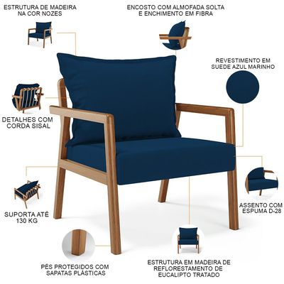 Kit 02 Poltronas Decorativa Para Sala de Estar Alícia B04 Suede Azul Marinho - Lyam Decor