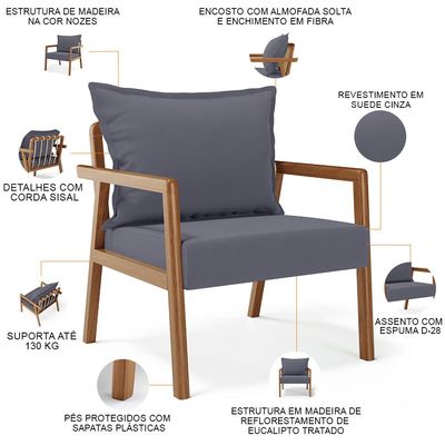 Kit 02 Poltronas Decorativa Para Sala de Estar Alícia B04 Suede Cinza - Lyam Decor