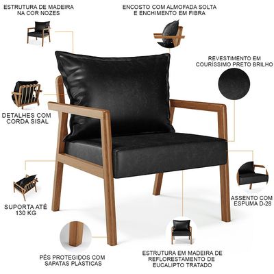 Kit 02 Poltronas Decorativa Para Sala de Estar Alícia B04 Couríssimo Preto Brilho - Lyam Decor