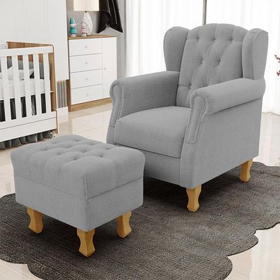 Poltrona de Amamentação Yara P02 Com Puff Paris Luis Xv L02 Bouclê Cinza - Lyam Decor