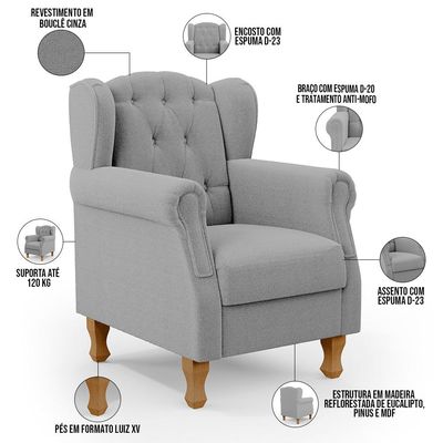 Poltrona de Amamentação Yara P02 Com Puff Paris Luis Xv L02 Bouclê Cinza - Lyam Decor