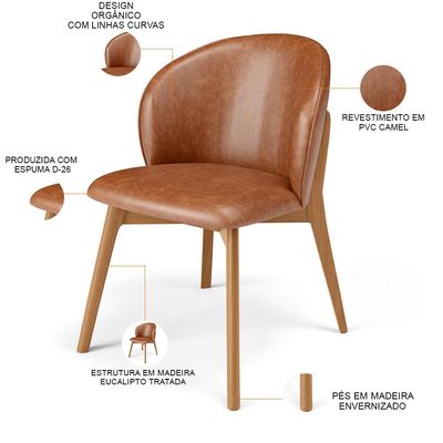 Kit 04 Cadeiras de Jantar e Estar Living Estofada Mia L02 Couríssimo Camel - Lyam Decor