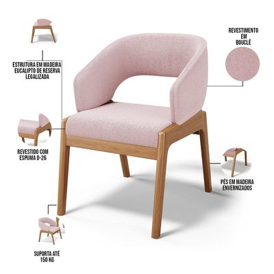 Cadeira de Jantar e Estar Living Estofada Lince L02 Bouclê Rosê - Lyam Decor