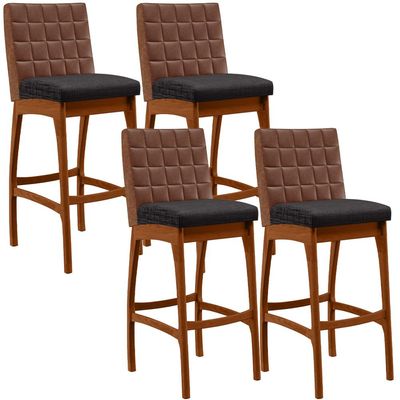 Kit 04 Banquetas Altas Cozinha Sala Jantar Fixa Mila B04 Couríssimo Marrom Linho Chumbo - Lyam Decor