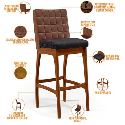 Kit 04 Banquetas Altas Cozinha Sala Jantar Fixa Mila B04 Couríssimo Marrom Linho Chumbo - Lyam Decor