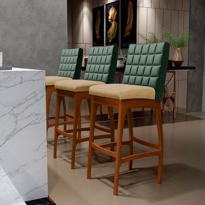 Kit 02 Banquetas Altas Sala De Jantar Fixa Mila B04 Facto Verde Musgo Linho Bege Escuro - Lyam Decor