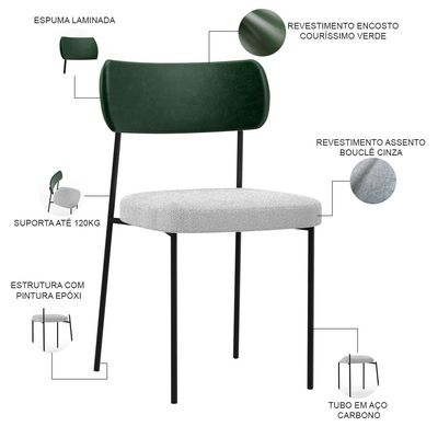 Cadeira Decorativa Estofada Para Sala De Jantar Melina L02 Fcato Verde Musgo Bouclê Cinza - Lyam Decor