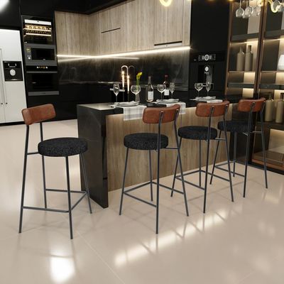 Kit 05 Banquetas Baixa Cozinha Sala De Jantar Milão L02 Couríssimo Marrom Linho Chumbo - Lyam Decor