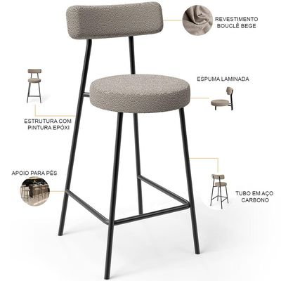 Kit 03 Banquetas Baixa Para Cozinha Sala De Jantar Bar Bancada Milão L02 Bouclê Bege - Lyam Decor