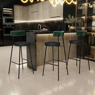 Banqueta Alta Bar Cozinha Sala De Jantar Em Aço Milão L02 Facto Verde Couríssimo Preto - Lyam Decor