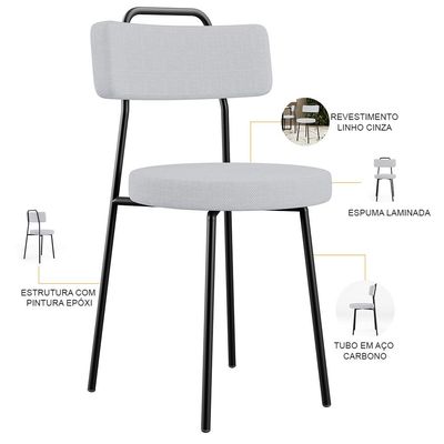 Cadeira Decorativa Estofada Para Sala De Jantar Barcelona L02 Linho Cinza - Lyam Decor