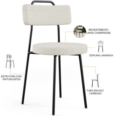 Kit 04 Cadeiras Decorativas Estofada Para Sala De Jantar Barcelona L02 Linho Champagne - Lyam