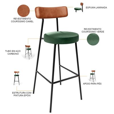 Kit 04 Banquetas Alta Bar Cozinha Sala Jantar Milão L02 Couríssimo Camel Facto Verde - Lyam Decor