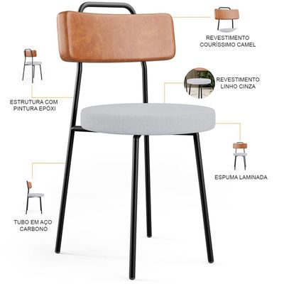 Kit 08 Cadeiras Decorativas Estofada Sala Jantar Barcelona L02 Couríssimo Camel Linho Cinza - Lyam
