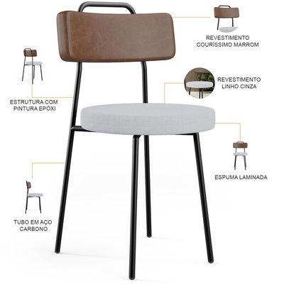 Kit 04 Cadeiras Estofada Para Sala De Jantar Barcelona L02 Couríssimo Marrom Linho Cinza - Lyam