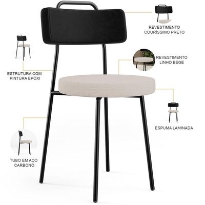 Cadeira Decorativa Estofada Para Sala De Jantar Barcelona L02 Couríssimo Preto Linho Bege - Lyam